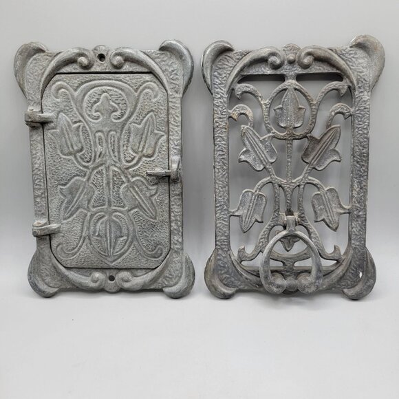 Antique Cast Iron Ornate Door Knocker Peephole Speak Easy Tulip Design Gray - Picture 4 of 10